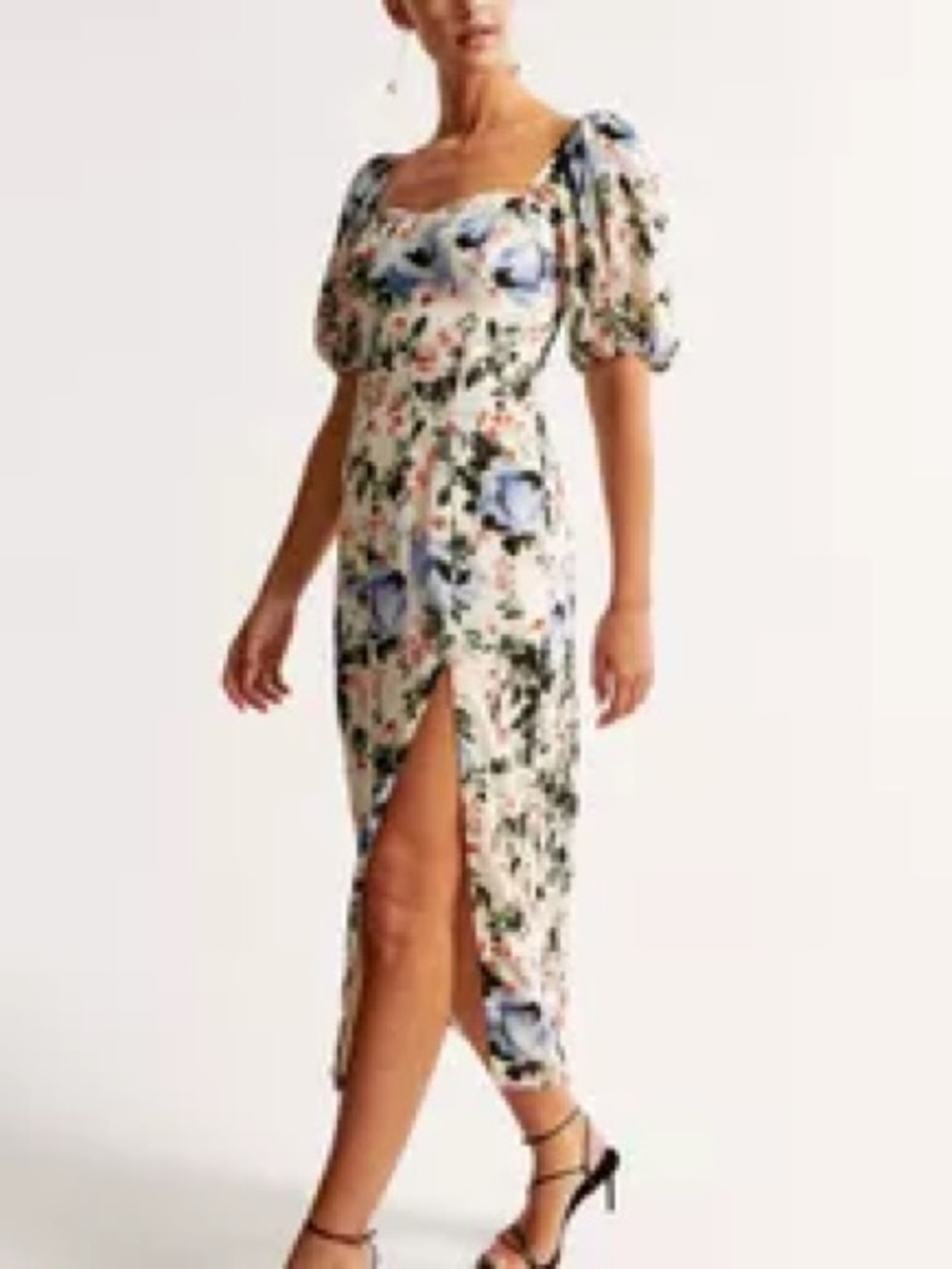 Abercrombie & Fitch Cream Floral Puff-Sleeve Midi Dress with Blue Blooms